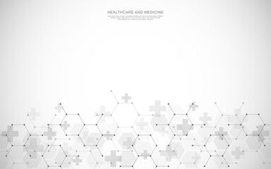 Healthcare medical background with hexagons pattern and crosses. Vector illustration for health care and medicine design, pharmaceutical manufacturing, and industry.