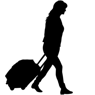 recommend clip art: Black silhouettes travelers with suitcases on white background.