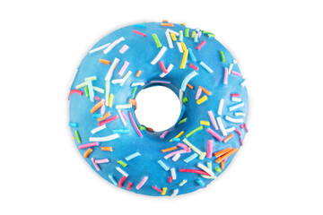 Blue donut with sprinkles on a white isolated background - obrazy, fototapety, plakaty