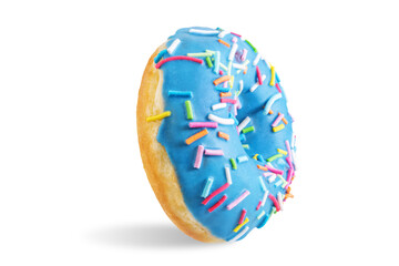 Blue donut with sprinkles on a white isolated background