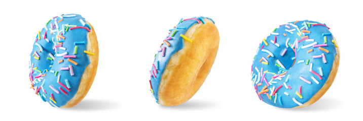 Blue donut with sprinkles on a white isolated background