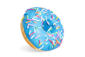 Blue donut with sprinkles on a white isolated background