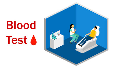 Blood donation. A man sits in a chair, the doctor takes blood for tests. Isometric projection.