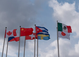 Various national flags countries under a blue sky