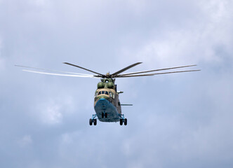 Fototapeta na wymiar MOSCOW, RUSSIA - MAY 7, 2021: Avia parade in Moscow. Mi-26 helicopters fly in the sky on parade of Victory in World War II in Moscow, Russia