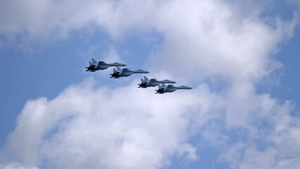 MOSCOW, RUSSIA - MAY 7, 2021: Avia parade in Moscow. jet fighter aircraft Su-35 in the sky on parade of Victory in World War II in Moscow, Russia