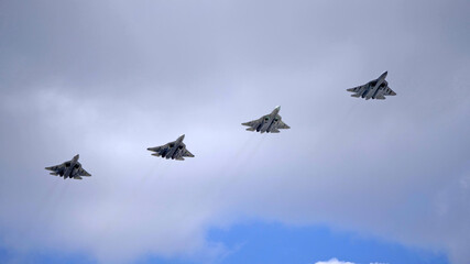 MOSCOW, RUSSIA - MAY 7, 2021: Avia parade in Moscow. Sukhoi Su-57 in the sky on parade of Victory in World War II in Moscow, Russia