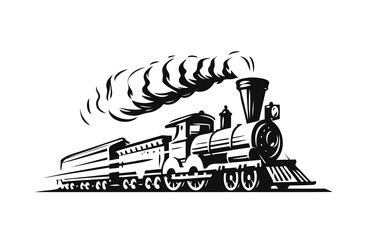 Moving retro steam locomotive. Vintage train emblem or symbol vector illustration © ~ Bitter ~