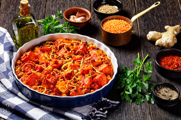 Pumpkin lentil chickpea dal in a dish