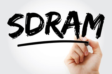 SDRAM - Synchronous Dynamic Random-Access Memory acronym with marker, technology concept background.