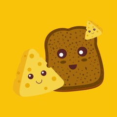 PrintKawaii bread with cheese. Cute breakfast vector illustration simple modern style. Food character cartoon.
