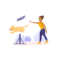 Flat vector illustration in cartoon style isolated on white background. Dark skinned african-american girl training her pet in the park. Labrador retriever having agility lesson. Jump command