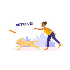 Vector illustration in cartoon style isolated on white background. Dark skinned african-american girl throwing a frisbey to her pet. Playing Fetch with Labrador retriever. Retrieve command