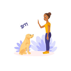 Dark skinned african-american girl training labrador retriever in the park. Showing hand jesture Sit command. Flat vector illustration in cartoon style isolated on white background
