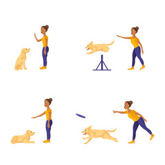Dark skinned african-american girl training Labrador retriever. Teaching different commands. Set of flat vector illustrations isolated on white background. Sit, Down, Retrieve, Jump