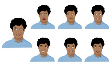 Set of Facial expressions portrait of Young African American Male. Vector Illustration for Avatars, graphics. Isolated set of faces