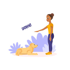 Dark skinned african-american girl training labrador retriever in the park. Showing hand jesture Down command. Flat vector illustration in cartoon style isolated on white background