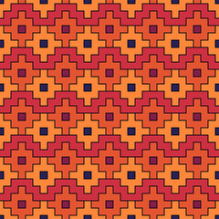 Inca crosses, squares, checks seamless pattern. Ethnic ornament. Folk background. Geometric wallpaper. Tribal motif. Ancient mosaic. Cross, square shapes. Ethnical textile print, abstract. Vector.