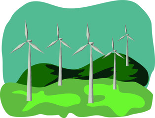 vector image of a wind farm in the field. Blue sky, green grass and windmills