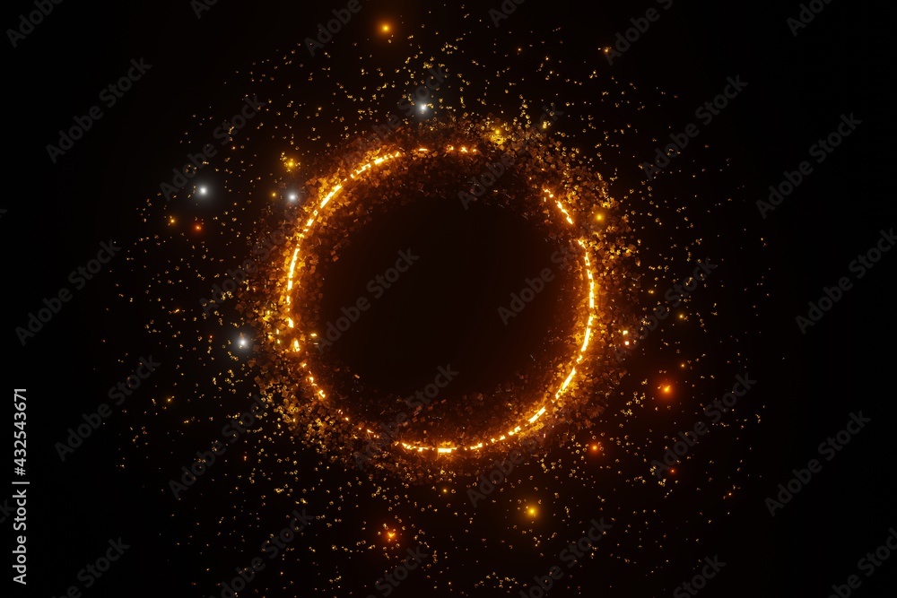 Poster abstract gold glitter spark particles circle space 3d rendering