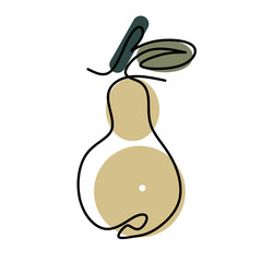 minimalistic line art of pear with beige, green stains, isolated, on a white background