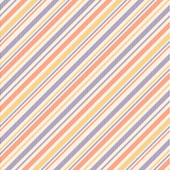 Stripe pattern multicolored in purple, orange, yellow, beige, white. Seamless thin small diagonal lines for shirt, skirt, trousers, dress, other modern summer autumn everyday fashion fabric design.
