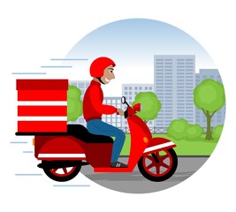 Food delivery man on a red scooter wearing a helmet. Vector illustration.