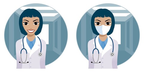 Smiling medical doctor woman with stethoscope. Doctor in a medical mask. Vector illustration.