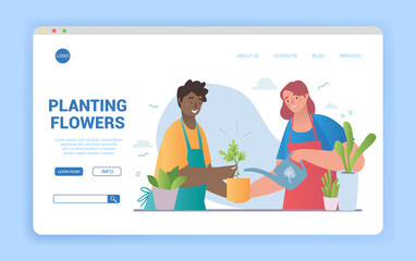 Planting and watering flowers in pots