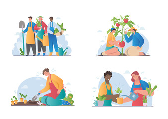 Set of different people enjoy gardening and planting