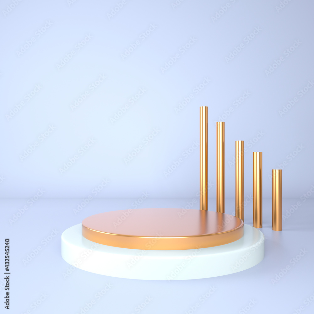 Poster 3d rendering studio with geometric shapes, podium on the floor. platforms for product presentation, 
