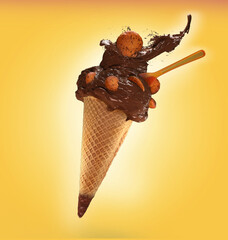 Chocolate ice cream cone with cookies, 3D illustration
