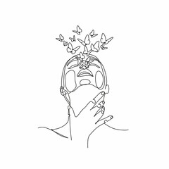 Woman face with butterfly by one line drawing. Abstract Portrait minimalistic style.  Botanical print. Nature symbol of cosmetics. Modern continuous line art.  Fashion print. Beaty salon art