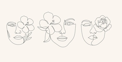 Line Art Woman With Flowers. Head Of Flowers Line drawing. Flower Woman Vector.   Minimal Abstract portrait female