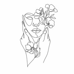 Line Art Woman With Flowers. Head Of Flowers Line drawing. Flower Woman Vector.   Minimal Abstract portrait female
