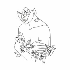 Peony woman line art portrait. Flower Head Woman Line Drawing. Surreal Minimalist Art. Beauty Salon logotype.