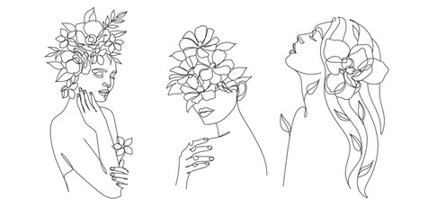 Peony woman line art portrait. Flower Head Woman Line Drawing. Surreal Minimalist Art. Beauty Salon logotype. © Victoria