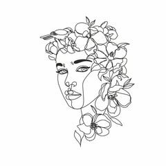 Peony woman line art portrait. Flower Head Woman Line Drawing. Surreal Minimalist Art. Beauty Salon logotype.