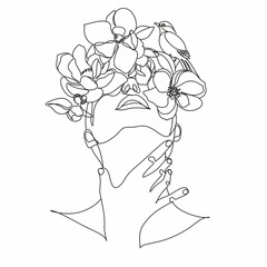 Peony woman line art portrait. Flower Head Woman Line Drawing. Surreal Minimalist Art. Beauty Salon logotype. © Victoria