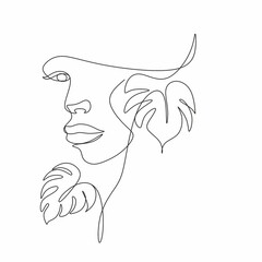 Peony woman line art portrait. Flower Head Woman Line Drawing. Surreal Minimalist Art. Beauty Salon logotype.