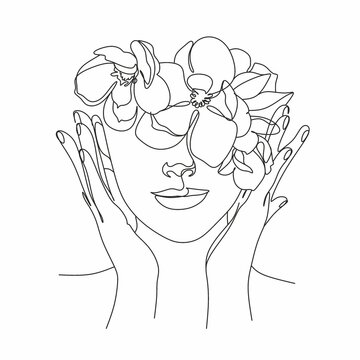Peony woman line art portrait. Flower Head Woman Line Drawing. Surreal Minimalist Art. Beauty Salon logotype.
