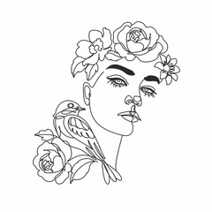 Abstract woman  face with bird and flowers by one line drawing. Portrait minimalistic style.  Botanical print. Nature symbol of cosmetics. Modern continuous line art.  Fashion print. Beaty salon art