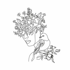 Abstract woman  face with bird and flowers by one line drawing. Portrait minimalistic style.  Botanical print. Nature symbol of cosmetics. Modern continuous line art.  Fashion print. Beaty salon art