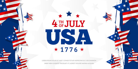 Celebrating USA, Independence day since 1776 on star shape USA flag background template.
