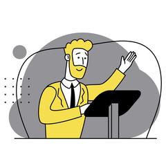Happy man gives a speech. Personnel training. Business Development Conference. Consultation of a professional. Promotion of the idea. Completed task. Modern vector flat illustration.