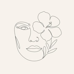 Surreal Face Continuous line, drawing face and hairstyle with flower, fashion concept, woman beauty minimalist, vector illustration pretty sexy. Contemporary portrait