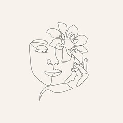 Surreal Face Continuous line, drawing face and hairstyle with flower, fashion concept, woman beauty minimalist, vector illustration pretty sexy. Contemporary portrait