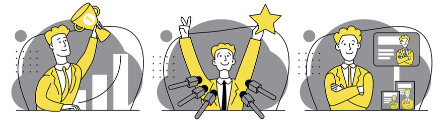 Happy successful man. Winner's press conference. Achievements in business. Advertising face. Collection of scenes at office. Outline vector illustration in cartoon style.