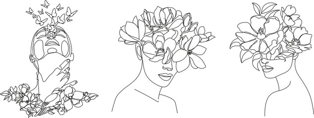 Line Art Woman With Flowers. Head Of Flowers Line drawing. Flower Woman Vector.   Minimal Abstract portrait female