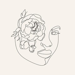 Line Art Woman With Flowers. Head Of Flowers Line drawing. Flower Woman Vector.   Minimal Abstract portrait female